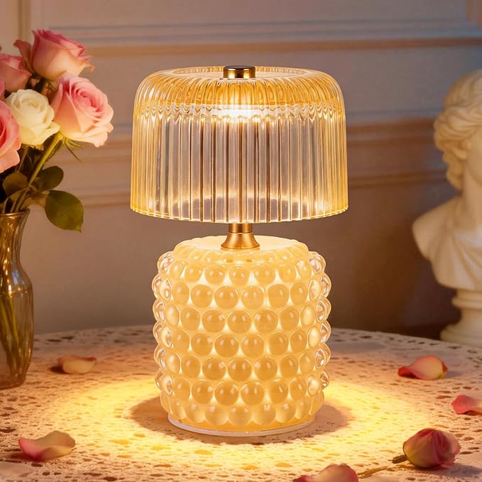 Small Battery Operated Lamp with Timer, Tiny Cordless Glass Table Lamp for Home Decor, Kitchen, Bathroom, Birthday Gift for Women, Pearl, Yellow