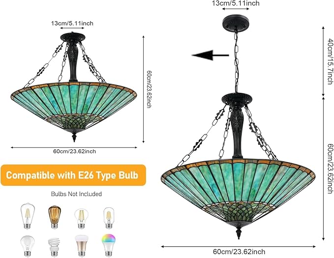 Pendant Light Fixtures, 23.62" Wide Stained Glass Inverted Antique Style Ceiling Pendant for Dining Room, 5 Lights Hanging Lamp for Living Room Kitchen Entryway