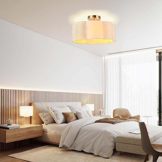 Newrays 3-Light Semi Flush Mount Ceiling Light Fixture, Fabric Shade Modern Close to Ceiling Lamp for Nursery Kids Room Bedroom Kitchen Hallway Entryway with 3PCS LED Bulbs (White)