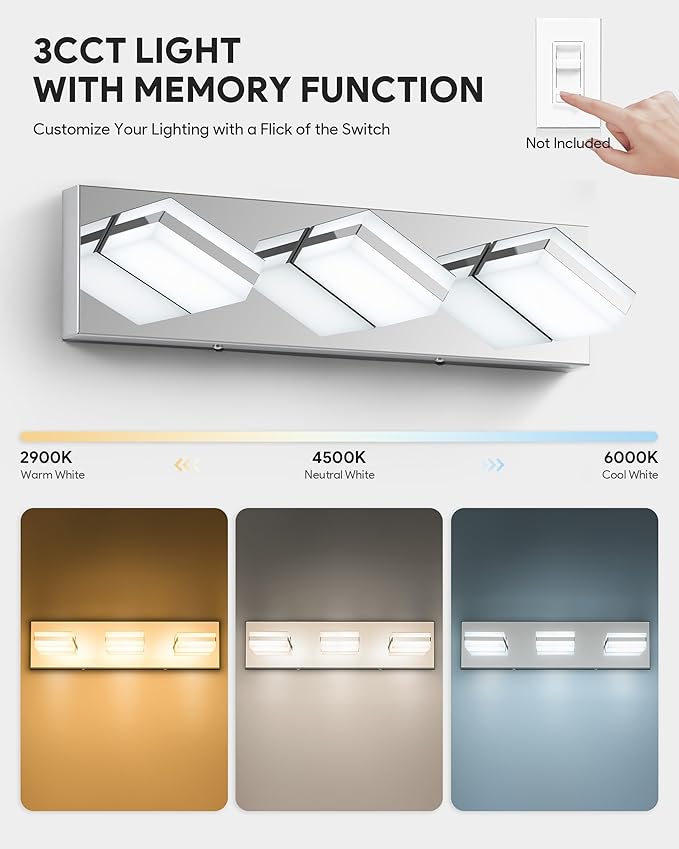 VONLUCE Bathroom Vanity Light Fixture, 3-Light Modern LED Vanity Lights, 3CCT Adjustable Bathroom Light with Memory Function Rotatable Shades, 18" Wall Lighting Fixture Over Mirror, Chrome