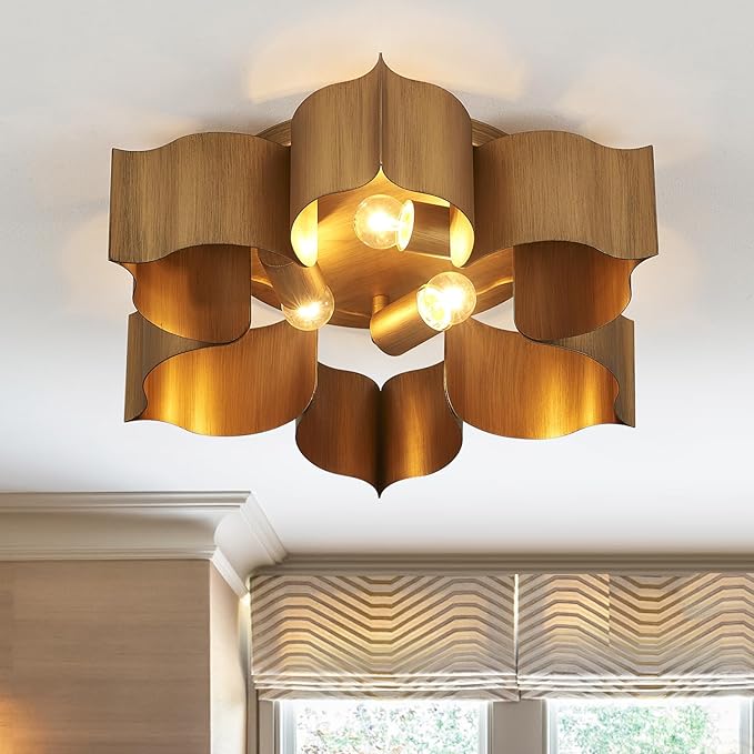 VILUXY 19" Flush Mount Ceiling Light, Antique Gold Leaf Finish Petal Light Fixtures Ceiling for Hallway, Entryway, Study Room, Bedroom 3-Light