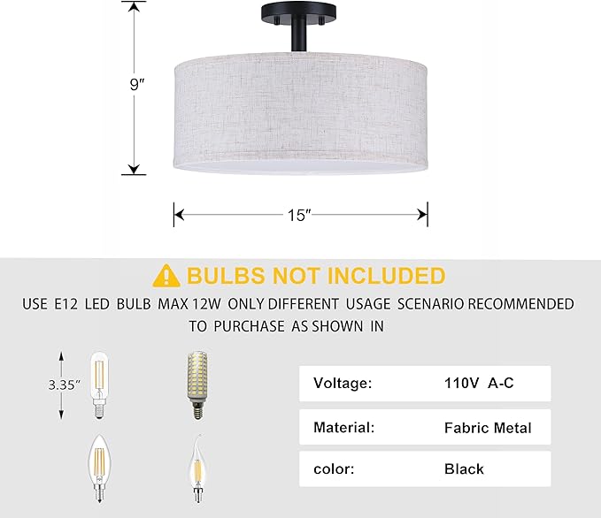 15 Inch Drum Black 3 Light Semi Flush Mount Close to Ceiling Light Fixture,Linen Fabric Shade for Bedroom,Living Room,Dining Room Hallway