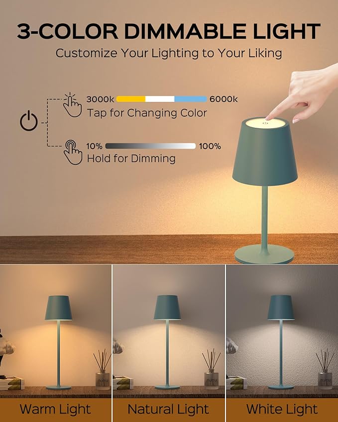 JACKYLED Cordless Table Lamps Rechargeable, 3 Adjustable Height, 5000mAh Battery Operated, 3 Colors Smooth Dimming, Portable LED Waterproof Table Lamp for Kitchen, Bedroom, Outdoor (2 Pack-Lake Blue)
