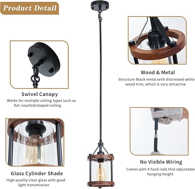 Farmhouse Pendant Light in Wood and Metal Cage, Rustic Brown Wood Pendant Light with Glass, Adjustable Hanging Light Fixtures, Mini Pendant Lighting for Kitchen Island, Hallway, Foyer, 1 Pack
