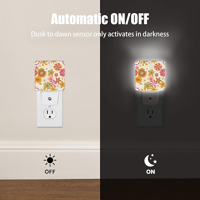 Vintage Boho Floral Night Light Plug in Wall Lamp Smart Dusk to Dawn Sensor for Home Decorative, Kids Room Bedroom Bathroom Kitchen Hallway Gifts