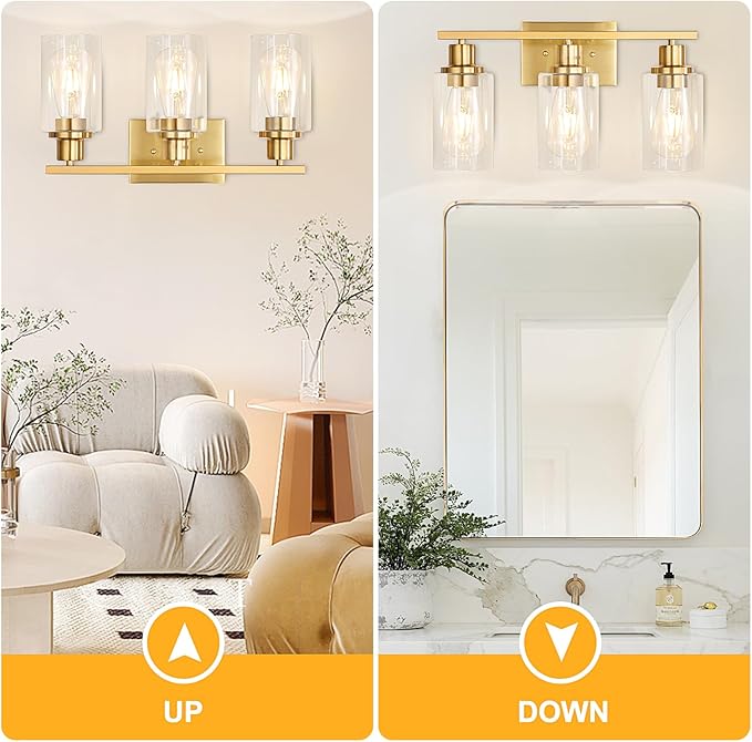 Gold Bathroom Wall Lights Brushed Brass 3-Light Vanity Light Fixtures Modern Wall Sconces with Clear Glass Shade, Bathroom Wall Lamp for Mirror Kitchen Bedroom Hallway Cabinet Porch