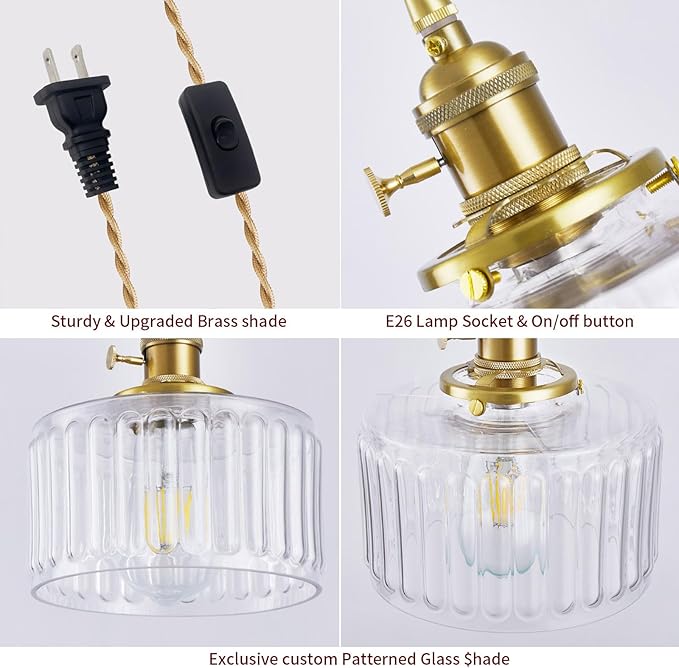 Plug in Pendant Light, Hanging Lights with Plug in Cord, Hanging Light Fixture with Clear Glass, E26 Pendant Lighting for Kitchen Island, Bedroom, Living Room-Transparent Color