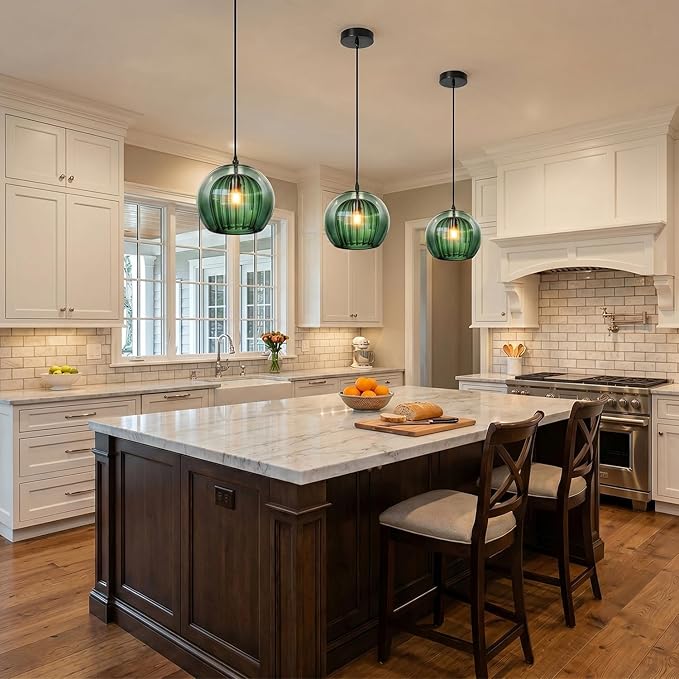 Single Glass Pendant Lights Green Striped Vintage Pendant Light Fixtures Blown Globe Shade Mid Century Modern Hanging Ceiling Lamp Black Adjustable Cord for Kitchen Island Dining Room Hallway