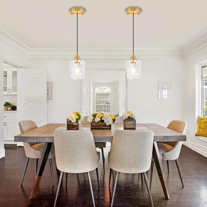 3 Pack Gold Pendant Lights Kitchen Island, Hammered Glass Pendant Lighting Over Island, Modern Hanging Kitchen Light Fixtures Over Sink Adjustable Mini Pendant Light for Bathroom Hallway Dining Room