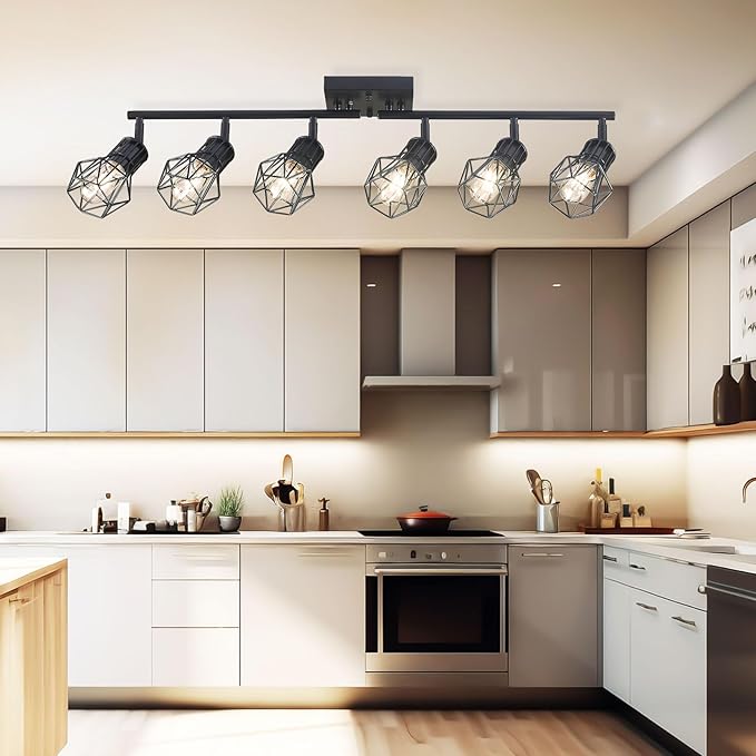 Black Track Lighting Fixtures Ceiling,6-Light Farmhouse Track Lighting with Metal Cage Design – Kitchen Lights Ceiling Mount for Kitchen, Living Room, Dining Room (E26 Base)