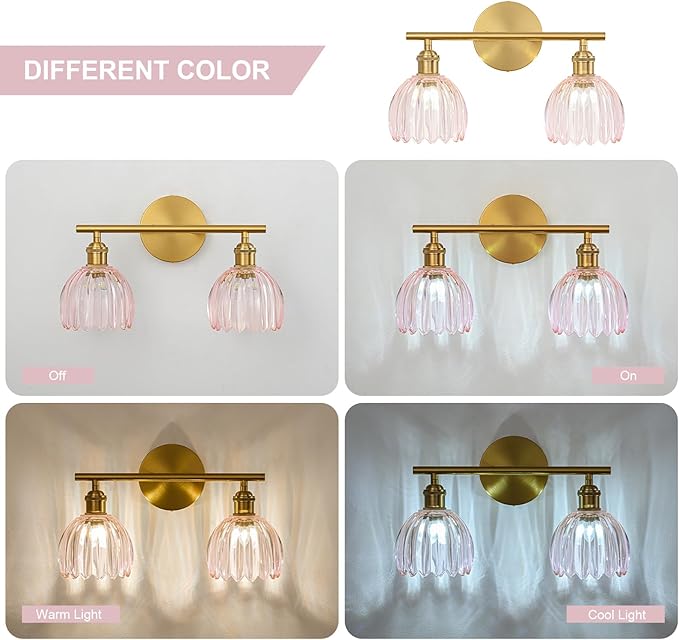 Gold Bathroom Light Fixtures Over Mirror, 2 Light Bathroom Vanity Light Fixture with Tulip Pink Glass Lampshade, Vintage Vanity Lights for Bathroom, Bathroom Vanity Lights Over Mirror