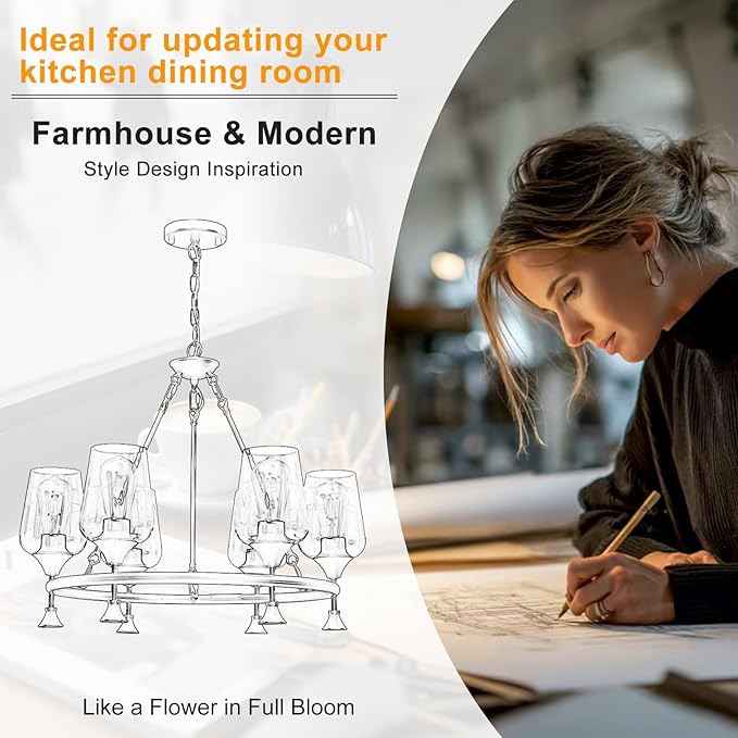 25" Farmhouse Chandelier, 6-Light Brushed Nickel Chandeliers for Dining Room Light Fixtures Over Table, Modern Industrial Hanging Lighting with Clear Glass Shade for Living Room, Kitchen Island, Foyer
