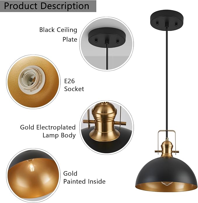 12 Inch Pendant Lights for Kitchen Island Matte Blacks Farmhouse Pendant Light fixtures Adjustable Height Dome Hanging Light for Dinning Room Bedroom Hallway,3 Packs