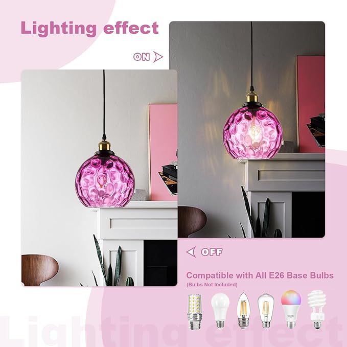 Corner Plug in Pendant Light Vintage Purple Glass Ceiling Hanging Light Dome Shade Island Light Fixtures for Bedroom Living Room Dining Room, Grow Light