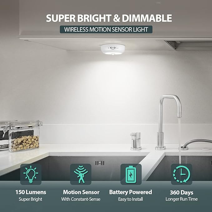 Reoshine Motion Sensor Light Indoor, Under Cabinet Light, Ceiling Lights, AA Battery Operated Stick on Wireless Puck Lights for Wall, Step, Stair, Dimmable (6 Pack)