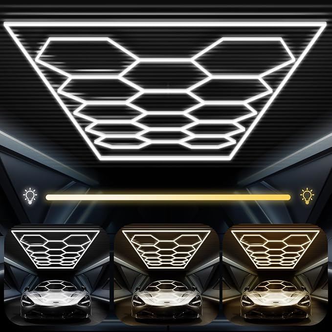 FERUERW Hexagon Garage Lights 14 Grid, 3 Color Temperature(2700/4300/6500K) Dimmable with Rectangle Frame, 14 Hex Grid for Garage, Shop, Basement, Car Detailing Shop etc. with Mounting Clip