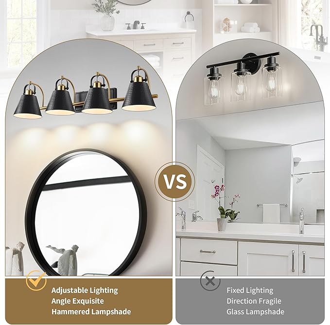 PAZALA Black and Gold Vanity Light, 4-Lights Farmhouse Vanity Light, Bathroom Light Fixtures Over Mirror, 24inch Modern Bathroom Wall lamp for Bath Mirror Living Room Cabinet Bedroom