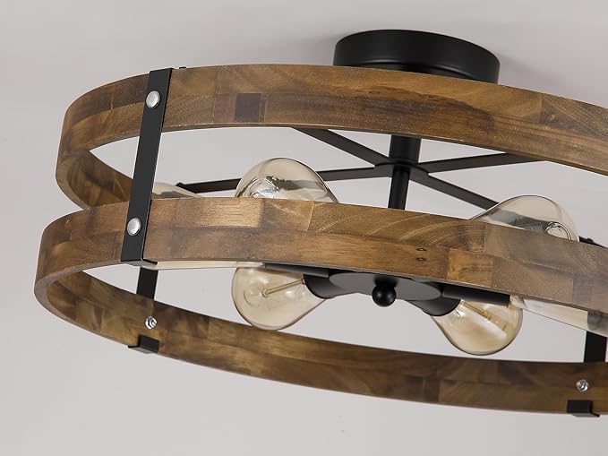 6-Light Large Rustic Farmhouse Wood Flush Mount Ceiling Light Fixture 20 inch Oak Wood and Metal Round Drum Semi Flush Mount Ceiling Light for Hallway Entry Farmhouse Bedroom Living Room, Black