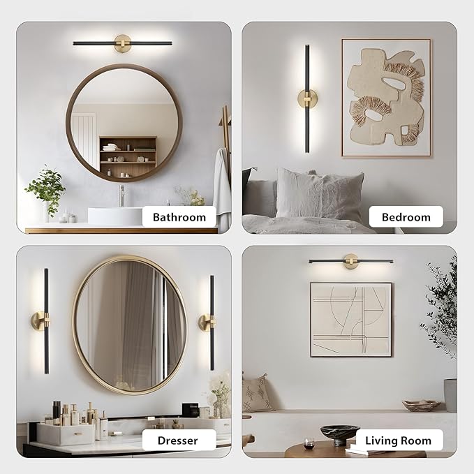 2026 Upgrade Black and Gold Vanity Light, 18W Brighter 24" Gold Bathroom Light Fixtures Linear Modern LED Bathroom Vanity Lighting Fixtures Over Mirror Light Bar Sconce, 360° Rotable 4000K CRI 90+