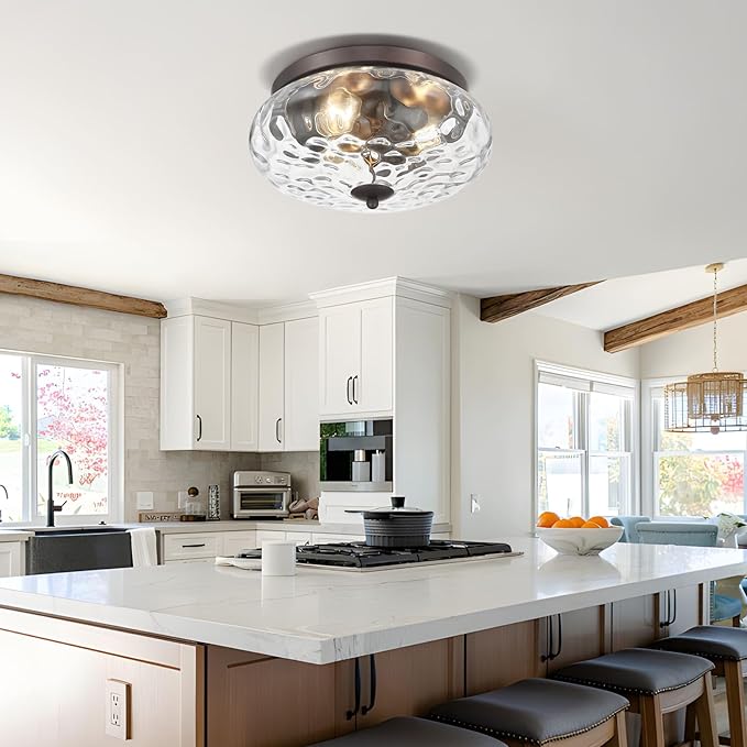 Darkaway Large Ceiling Light Fixtures, 3-Light Flush Mount Ceiling Light with Water Ripple Glass Shade for Indoor Outdoor Hallway Kitchen Bedroom Porch Living Room Oil-Rubbed Bronze Finish