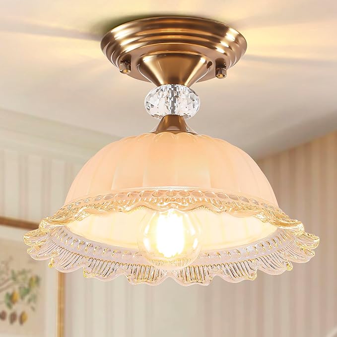 10.6" Milk Glass Semi Flush Mount Light Fixture Brass Gold Modern Hallway Light Vintage Close to Ceiling Light for Bedroom Entryway Kitchen Sink Porch