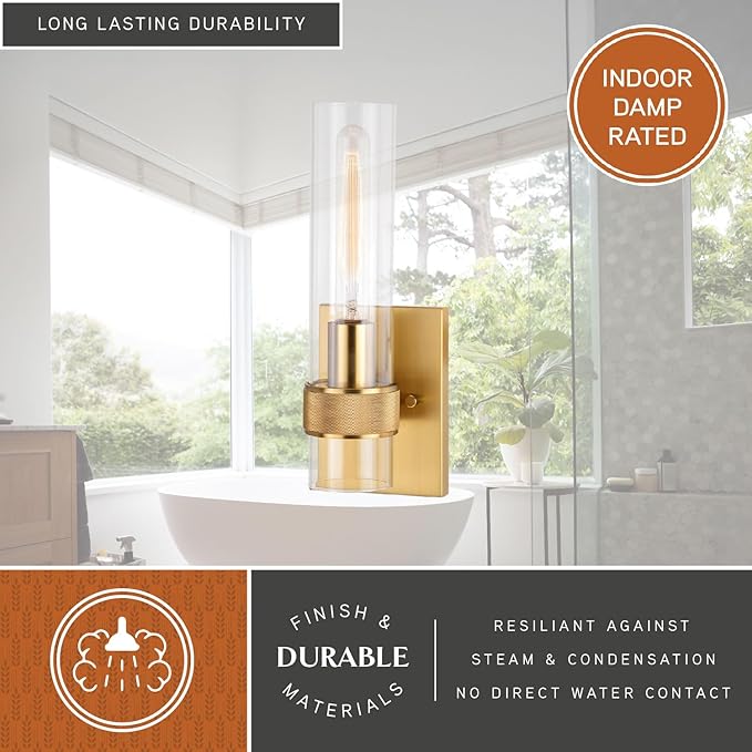 VAXCEL Bari 1 Light Satin Brass Contemporary Wall Sconce with Clear Cylinder Glass