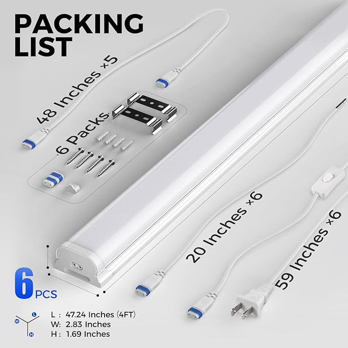 Barrina LED Shop Lights 4FT, 5000K Daylight White, 45W, 5000LM, Hidden Wiring, Linkable 4FT Light Fixture Cord with ON/Off, Frosted Cover, LED Ceiling Light for Workshop, Garage, Kitchen, 6 Packs