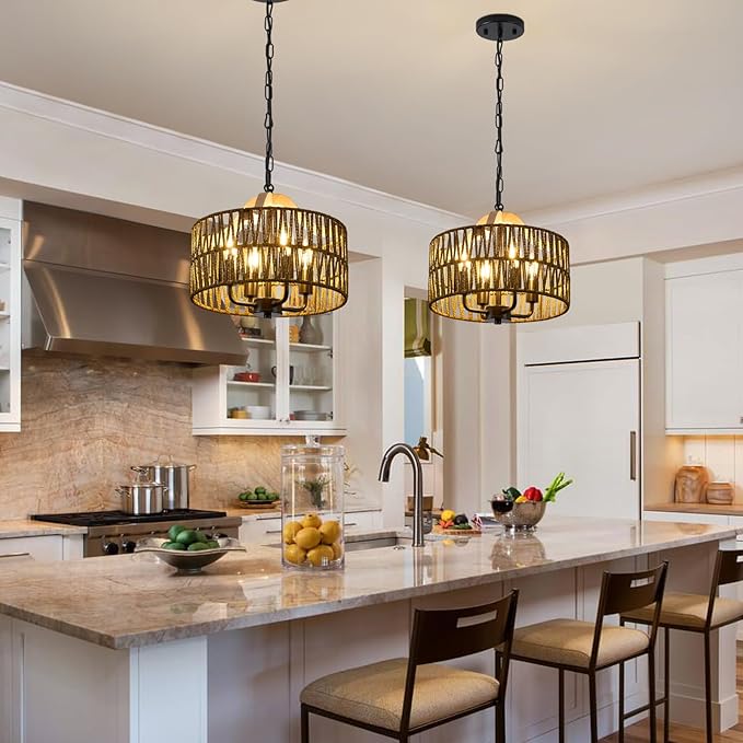 Antique Dining Room Light Fixture, 4-Light Rattan Pendant Light with Drum Shade, Adjustable Woven Wicker Ceiling Hanging Light, Farmhouse Boho Chandelier for Living Room Kitchen Island