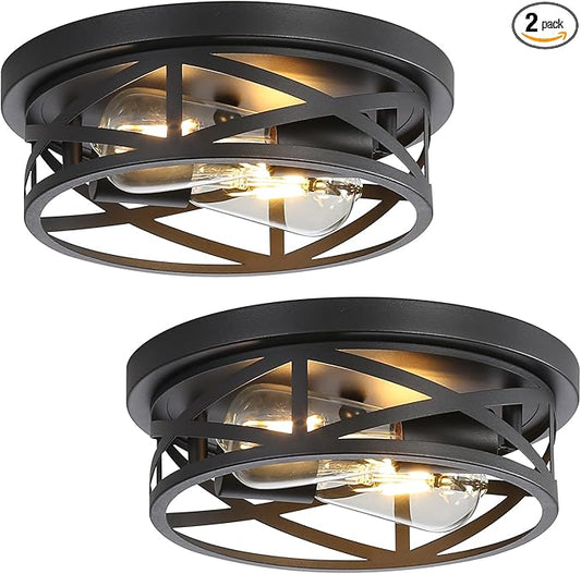 Black Flush Mount Ceiling Light 2-Pack, Industrial Metal Cage Semi Flush Mount Light Fixtures, 11 Inch Farmhouse Close to Ceiling Light for Hallway Kitchen Bedroom Entryway