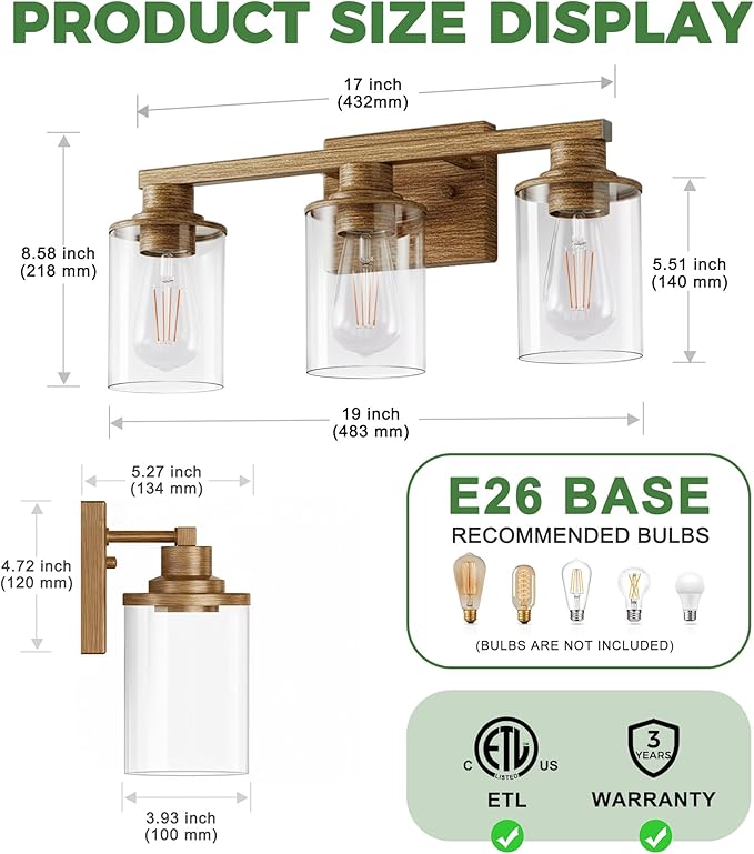 DORESshop 17 Inch Bathroom Light Fixtures, 3-Light Oak Bathroom Lighting Fixtures Over Mirror with Clear Glass Shade, Vanity Lights for Living Room Bedroom