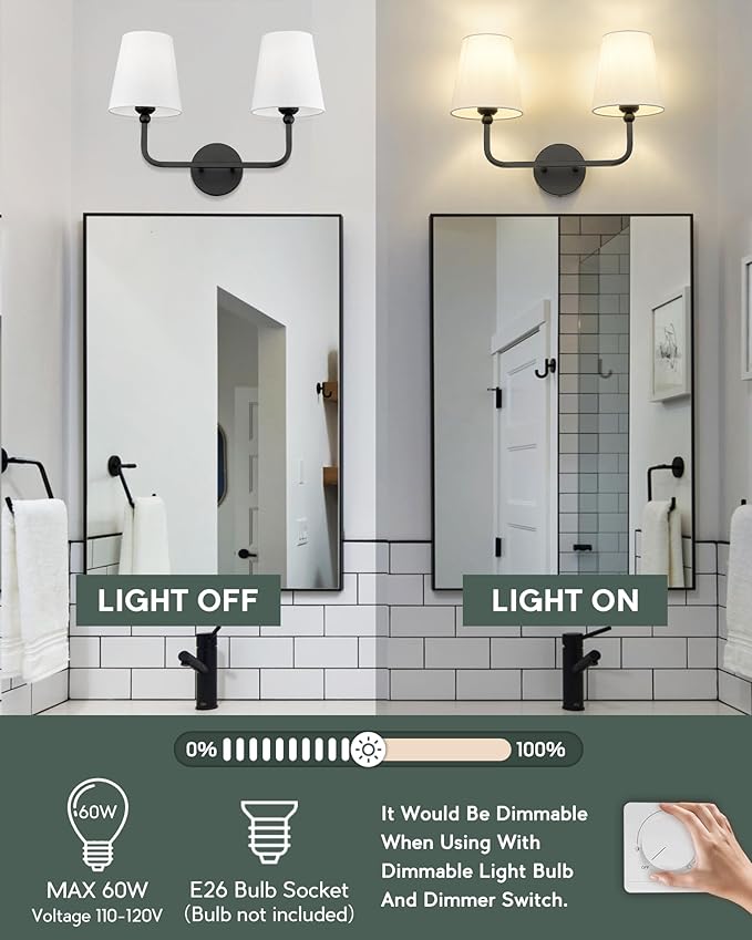 2-Light Bathroom Vanity Light Fixtures in Matte Black Finish, Modern Bedside Wall Sconces with Flared White Fabric Shade for Bathroom, Hallway, Living Room, Kitchen, VL837-MB-2