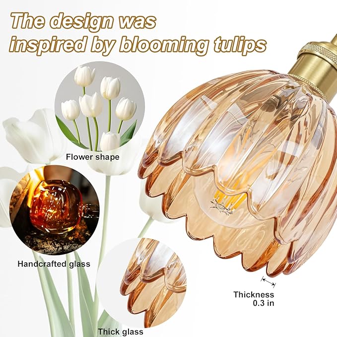 Vintage Bathroom Light Fixtures,2-Light Hardwired Vanity Lights with Amber Tulip Glass Shade,Gold Bathroom Vanity Light for Mirror Restroom,E26 Socket,14.57 in(Bulbs Not Included)