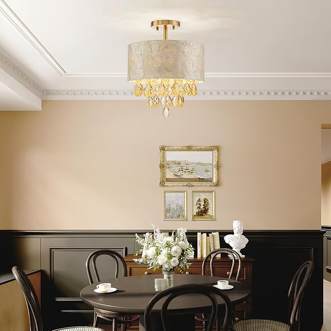 3-Light Capiz Shell Crystal Drum Ceiling Light, Coastal Style Close to Ceiling Light Fixture for Dining Room, Living Room & Bedroom, D12 * H14 inch, Champagne Crystal & Gold Finish
