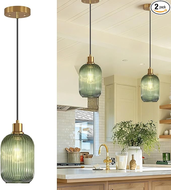 2 Pack Pendant Lights with Vintage Green Ribbed Glass Lampshade, Adjustable Brushed Gold Pendant Lights Fixtures for Kitchen Island Lighting Sink, Dining & Living Room Hallway (Bulbs Not Included)