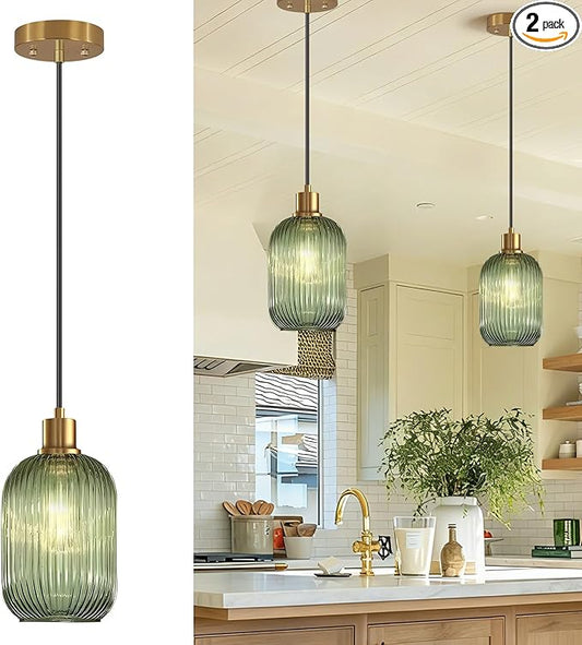 2 Pack Pendant Lights with Vintage Green Ribbed Glass Lampshade, Adjustable Brushed Gold Pendant Lights Fixtures for Kitchen Island Lighting Sink, Dining & Living Room Hallway (Bulbs Not Included)