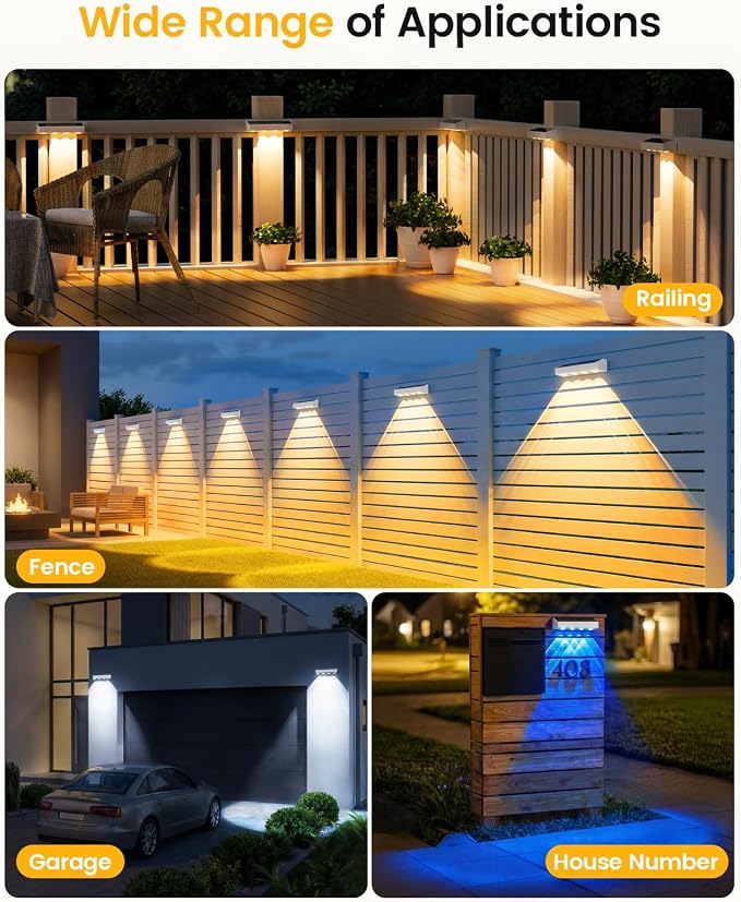 JOFIOS Fence Lights Solar Powered, 9 Fixed Colors ＆ Color Changing White Fence Lights Waterproof IP65 Dusk-to-Dawn LED Deck Lighting for Patio, Railing, Pool, Porch, Backyard, Wall, 12 Pack