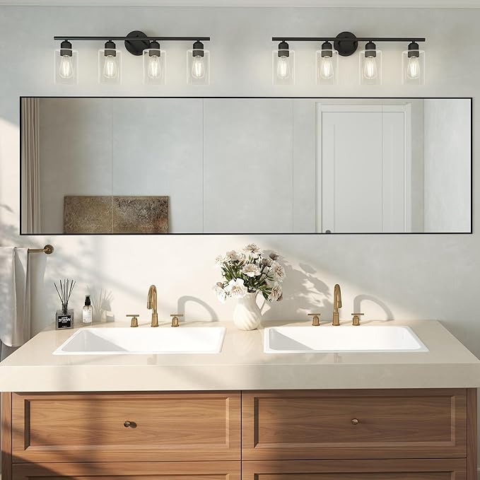 Espird 4 Light Bathroom Vanity Light Fixtures Black,Rustic Farmhouse Vanity Lighting Over Mirror Modern Industrial Lamp with Cylinder Glass Shade UL Certified