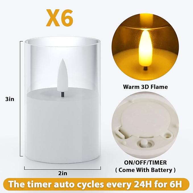 VIODAIM 6Pack Flickering Flameless LED Candles with Timer, Battery Powered - Small Pillar & Votive, Clear (2"X3")
