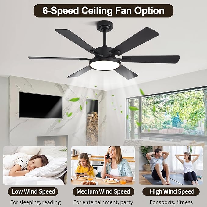 52in Black Low Profile Ceiling Fan with Light, Remote Control, 6 Blades, Dimmable LED, Flush Mount, Reversible, 6 Speeds, Ultra Quiet, Indoor Use, Bonus Wall Switch, Outdoor Rated