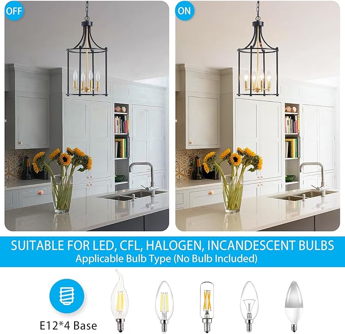 XINGQI Lantern Pendant Light Modern Geometric Hanging Chandelier Black and Gold 4 Lights Adjustable Height Cage Pendant Lighting Fixture for Kitchen Entryway Hallway Foyer