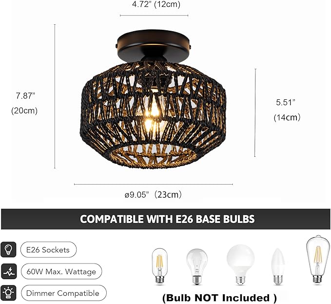 Rattan Ceiling Light, 1 Light Bohemian Modern Woven Flush Mount Ceiling Light, Mini Boho Light Fixture for Bedroom Living Room Dining Room