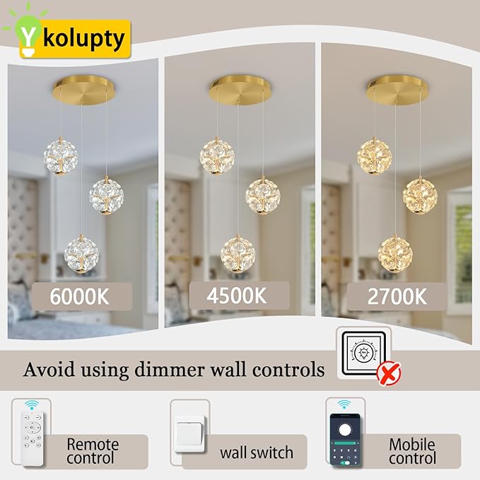 ykolupty Pendant Lights Kitchen Island 3-Light Gold Crystal Island Lights Dining Foyer Entrance Modern Chandeliers LED Dimmable 2700-6000K