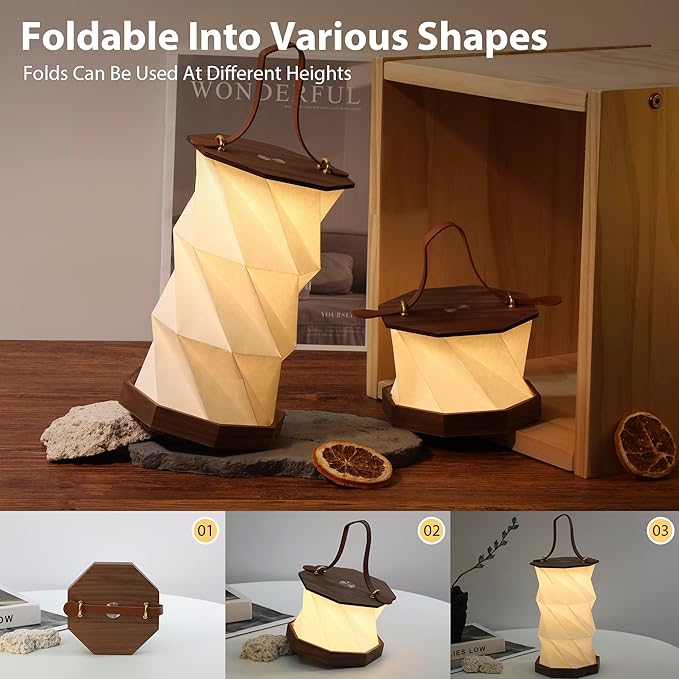 Ba sus Wooden Rotating Table Lamp, Warm Light Design with Leather Handle, Long Press Dimming Function, Built-in Battery & USB Rechargeable, Adjustable Heights for Bedroom, Living Room, Camping