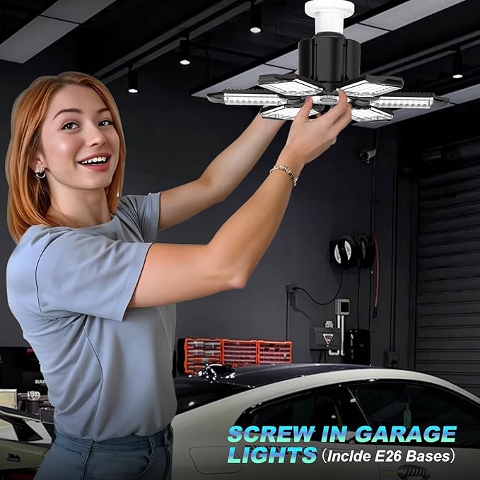 Led Garage Lights 4 Pack 200W Super Bright Ceiling Led Shop Lights, E26/E27 Base, 6500K, 22000LM Deformable Garage Light Ideal for Basement, Attic and Workshop, Commercial Bay Lighting