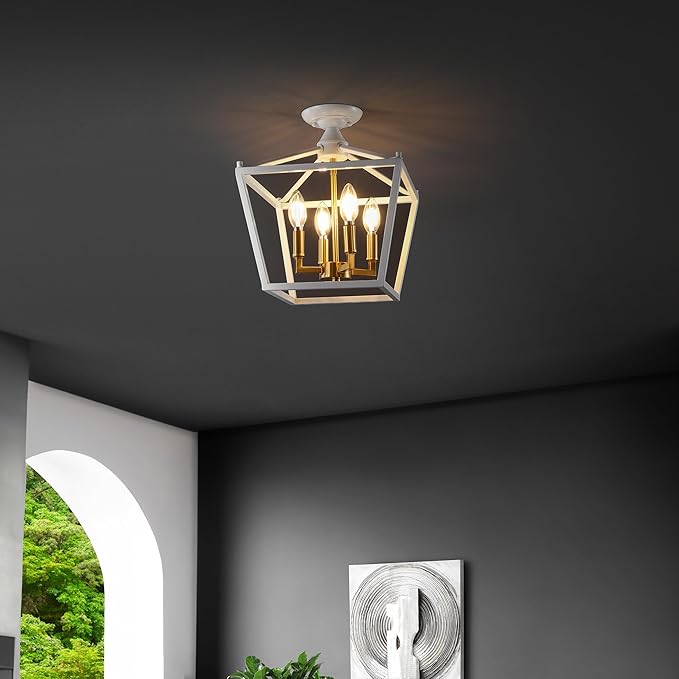 JONATHAN Y 12" White/Brass Gold Modern Farmhouse Pagoda 4-Light LED Semi Flush Mount Lantern, Metal Ceiling Light Fixture for Kitchen, Hallway, Entryway, Bedroom, Hardwired (JYL7610F)