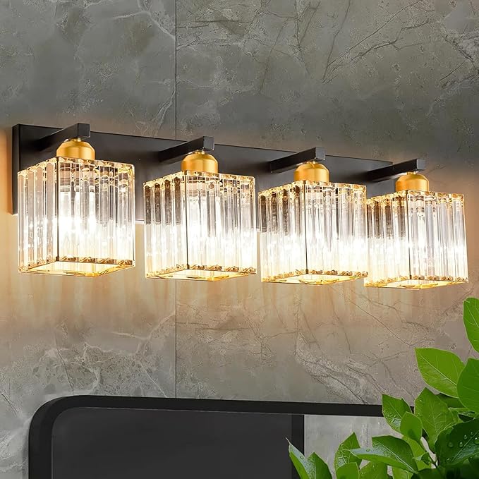 Bathroom Vanity Light Fixtures Over Mirror 4 Crystal Lights - Makeup Lighting Black Gold - for Modern Wall, Bath, Desk, Farmhouse, Hallway