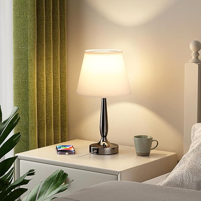 Kakanuo Touch Bedside Lamps for Bedroom Set, Small Touch Table Lamps with 2 USB Charging Ports, 3 Way Dimmable Nightstand Lamps with USB C Port - White (LED Bulb Included)