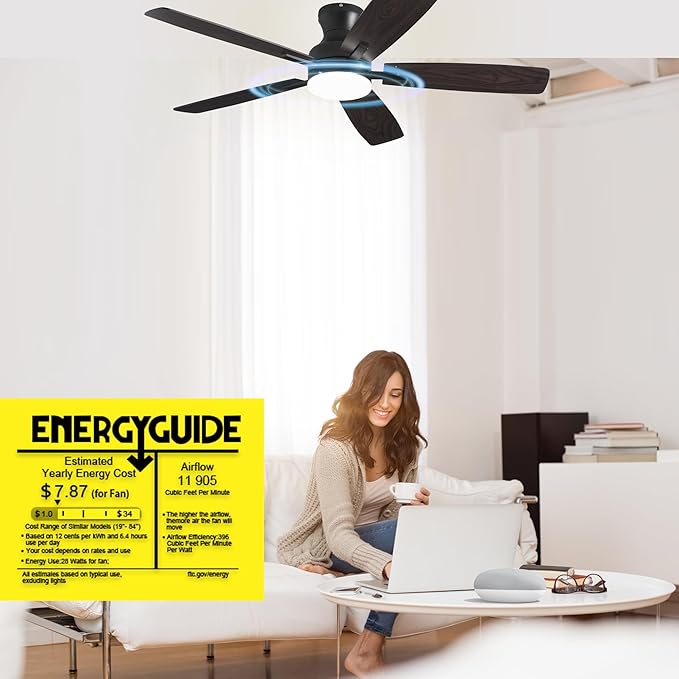 52 Inch Ceiling Fans with Lights and Remote Control, Indoor/Outdoor Flush Mount Low Profile Commercial Reversible Dimmable Ceiling Fans for Living Room Patio Industrial Shop, Black
