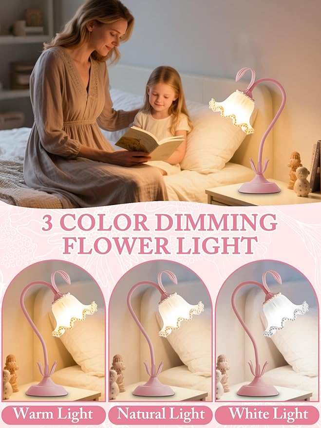 AQDZCNF Flower Table Lamp,LED Reading Light Bedside Vintage Flower Night Light,3 Colors Modes Kawaii Bedside Lamps Decor,Living Room Bedroom Room Lighting Table Lamps Home Decoration (Pink Pearls)