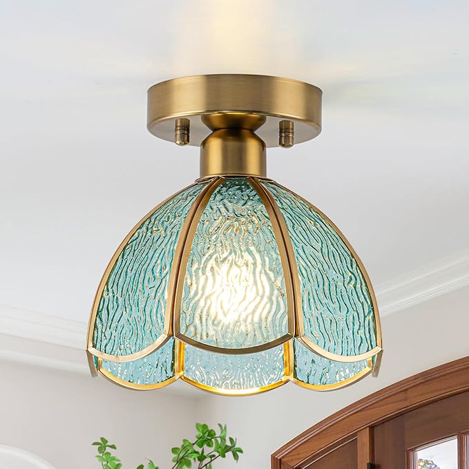 Semi Flush Mount Ceiling Light Fixture, 8.07” Vintage Glass Ceiling Light Small Antique Light Fixtures Flower Shade, Mid Century Ceiling Light for Hallway Kitchen Entryway Foyer Bedroom